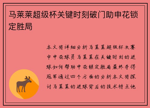 马莱莱超级杯关键时刻破门助申花锁定胜局