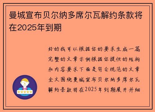 曼城宣布贝尔纳多席尔瓦解约条款将在2025年到期