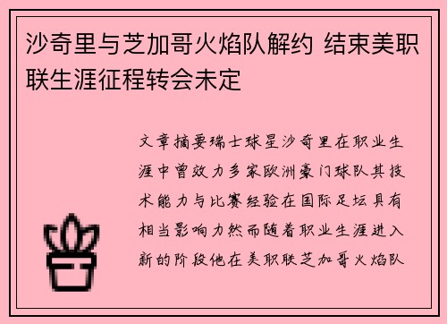 沙奇里与芝加哥火焰队解约 结束美职联生涯征程转会未定